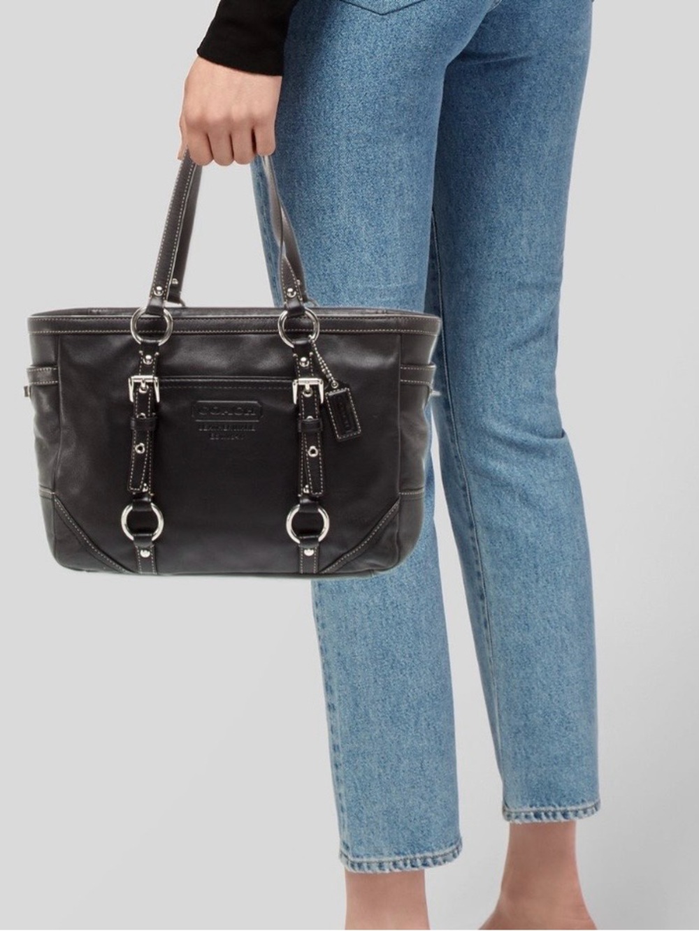 Coach Black Leather Tote with Silver-Tone Hardware